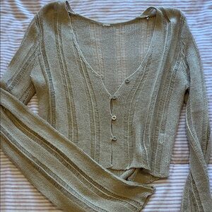 Tan Open-Knit V-Neck Button Cardigan Sweater